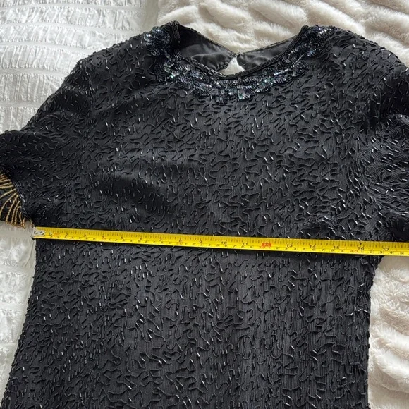 Vintage Silk Lori Ann Elegant Black and Gold Sequin Fringe Dress - Picture 12 of 14